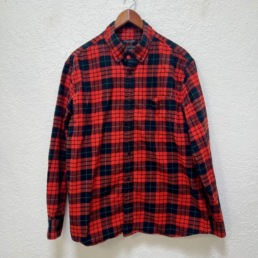 Banana Republic Mens XL Orange Black Plaid Organic Cotton Flannel Untucked Shirt